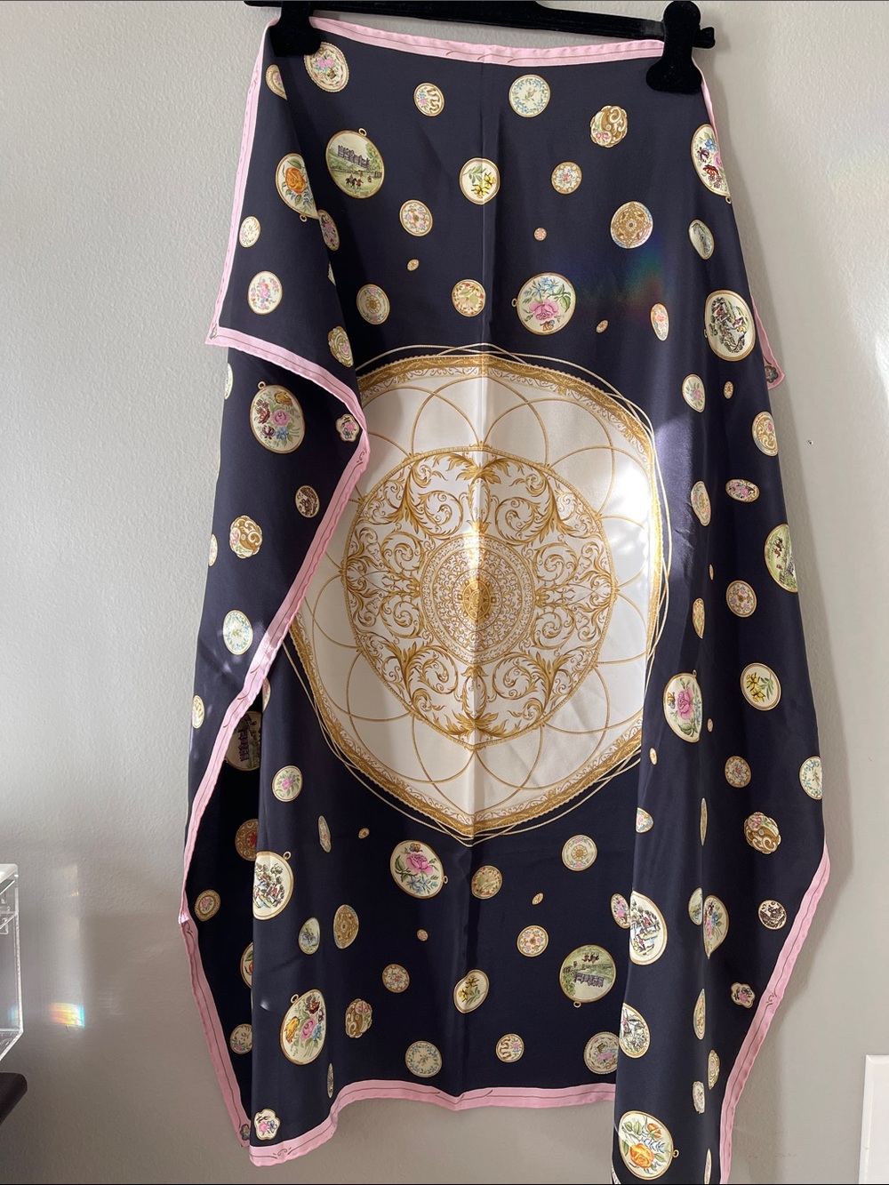 Mantero Italy Silk vintage Scarf with Gold Medallion Print and Pink Trim